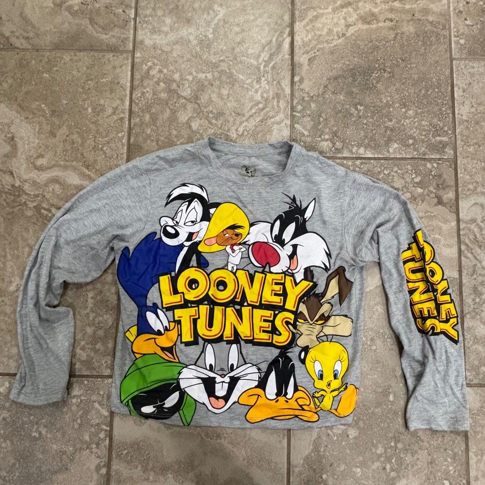 Looney Tunes Kids Long Sleeve Graphic T-Shirt Gray Bugs Bunny Daffy Duck Size S